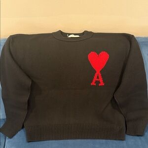 Authentic worn once Ami Black Crewneck Sweater with Red Heart Motif